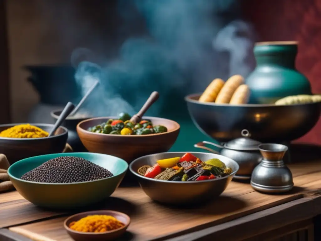 Cocina tradicional africana: colores y sabores vibrantes Una cocina tradicional del África Occidental con influencias coloniales, resaltando especias y utensilios de cocina