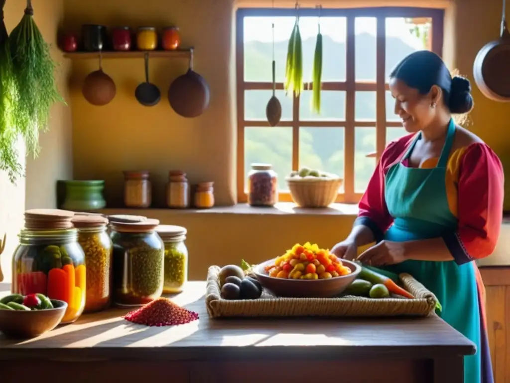 Una cocina tradicional sudamericana con métodos de conservación de alimentos en exhibición