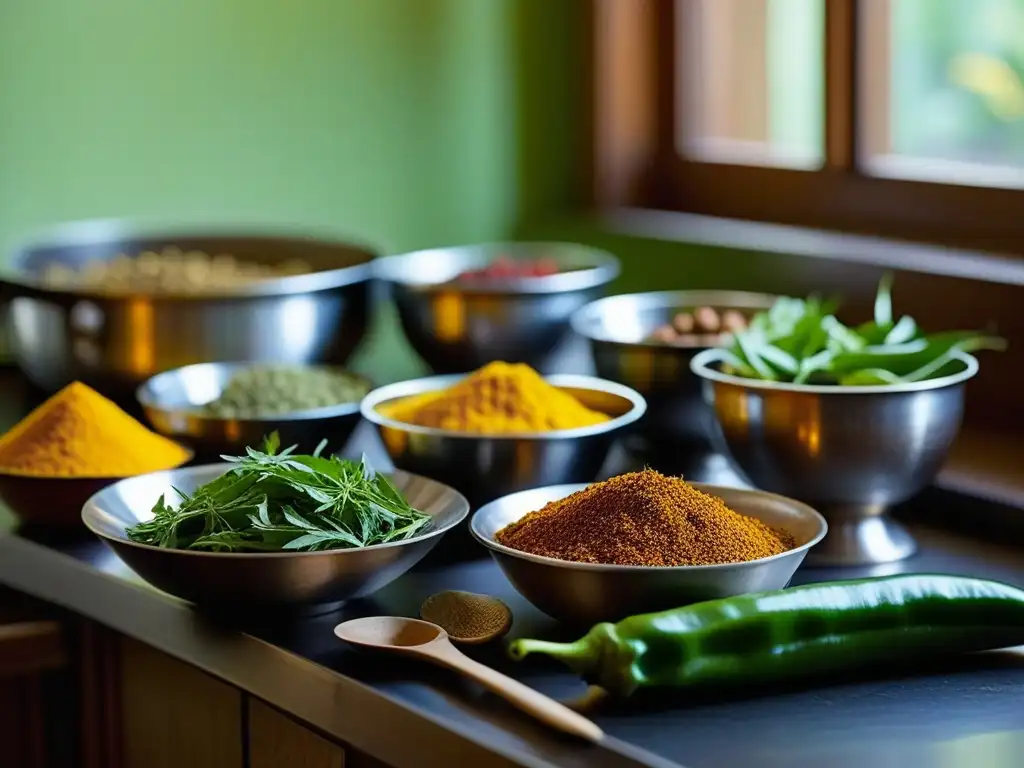 Una cocina vegetariana India antigua con especias y vegetales vibrantes en cuencos y cestas, resaltando colores y texturas intrincadas