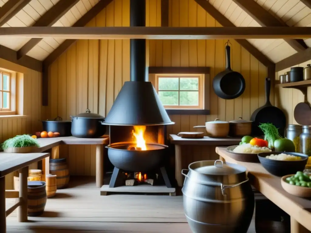 Una cocina vikinga detallada con caldero burbujeante, alimentos fermentados y colores vibrantes