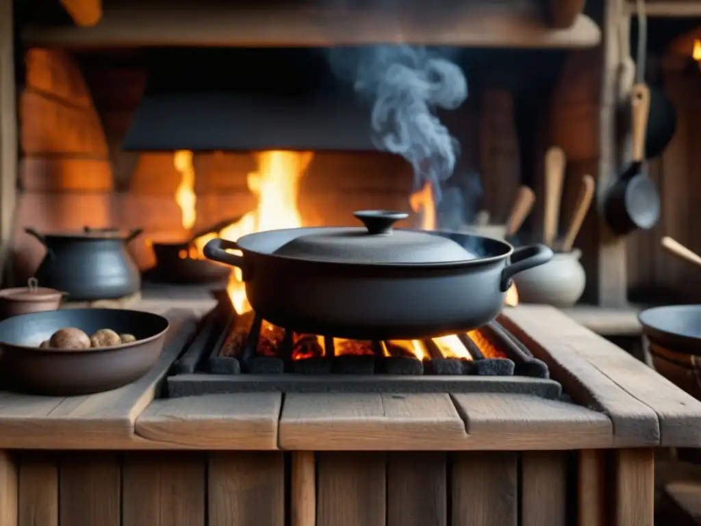 Una cocina vikinga con recetas históricas, cerámica y fuego crepitante en el hogar