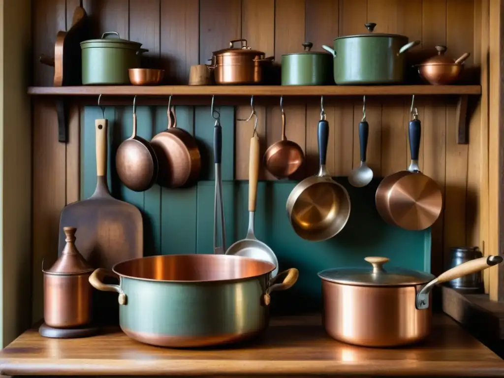 Una cocina vintage con utensilios de cobre colgados, una mesa de madera y una chimenea iluminada creando una atmósfera cálida y nostálgica