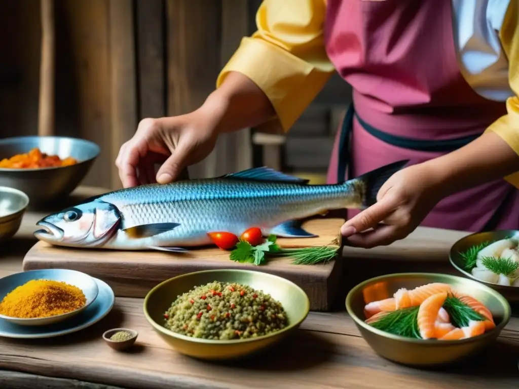 Un cocinero antiguo prepara pescados y mariscos en la Ruta de la Seda, mostrando técnicas culinarias históricas