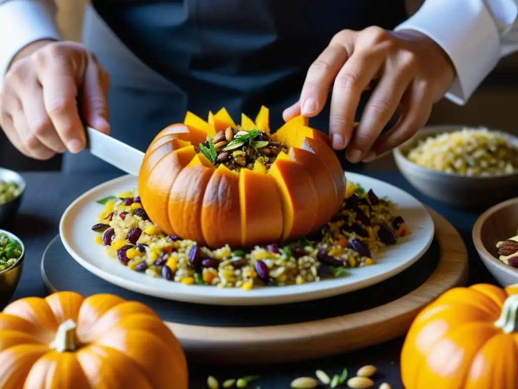 Un cocinero armenio preparando un Ghapama, destacando el Festín de Calabaza Armenio