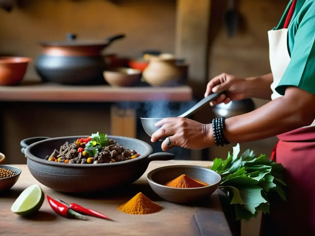 Un cocinero azteca preparando recetas históricas cultura azteca en una cocina rústica, con utensilios antiguos y ingredientes vibrantes