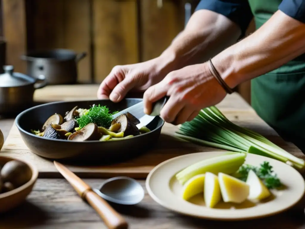 Un cocinero celta prepara con maestría una receta culinaria celta histórica