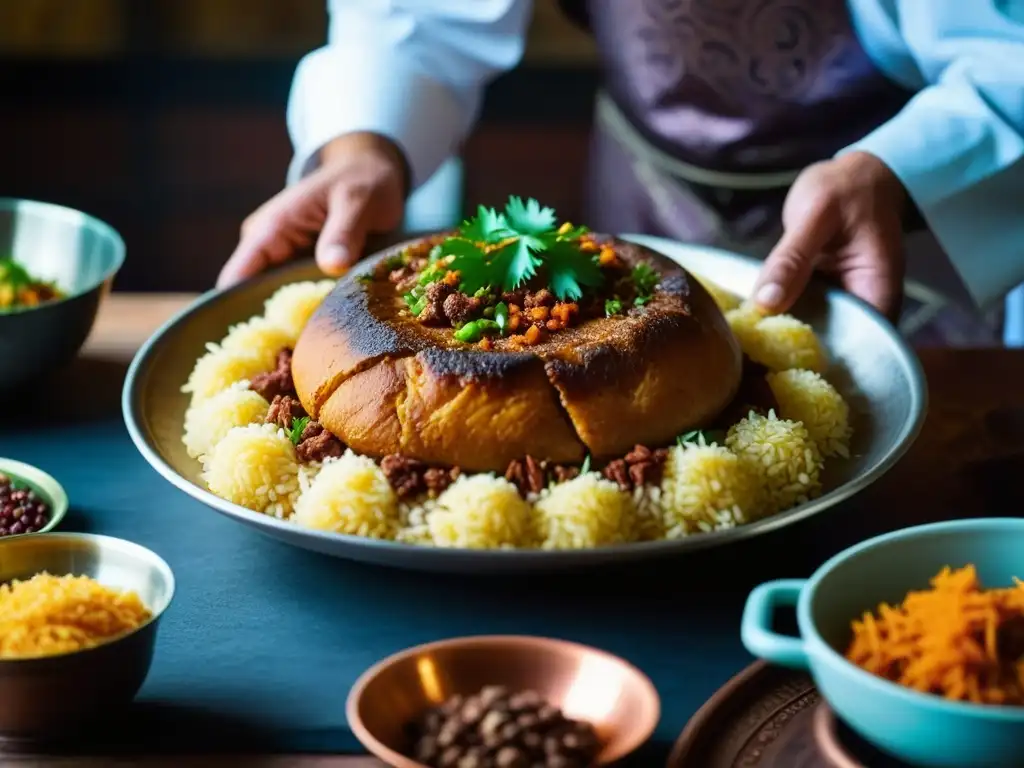 Maestro uzbeko preparando plov: detalle fascinante Un cocinero uzbeko prepara con destreza un plov en un kazán de cobre, resaltando las recetas históricas cultura Uzbekistán