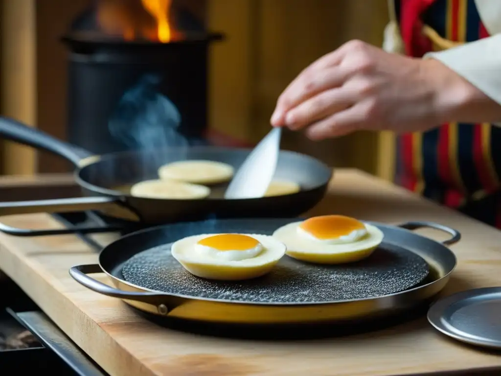 Cocina rusa del siglo XVIII: maestría en la preparación de blinis Un cocinero experto preparando blinis rusos en una cocina del siglo XVIII, historia de los blinis rusos