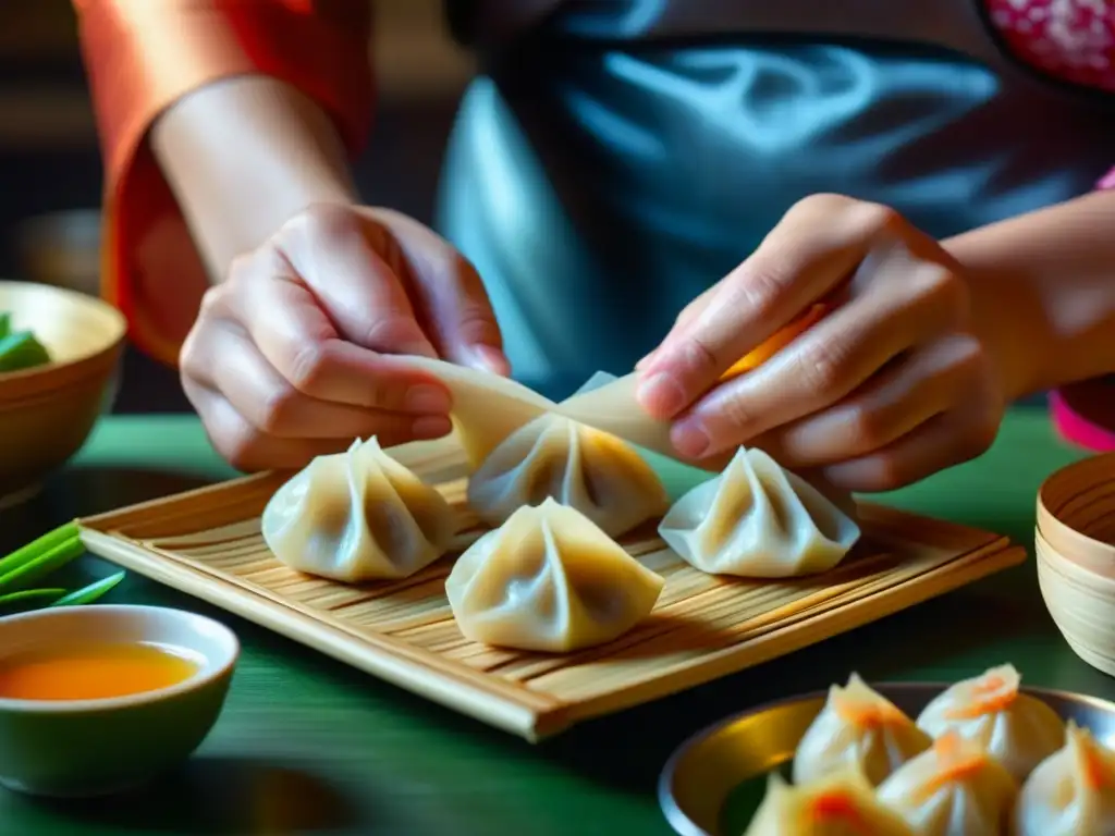 Un cocinero experto crea dumplings en una bulliciosa cocina IndoChina