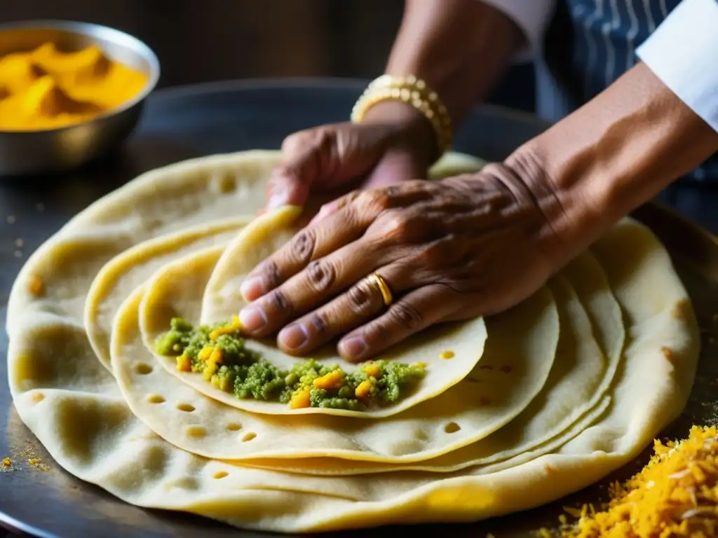 Un cocinero rajasthani experto amasa capas de paratha dorado, preservando recetas históricas culturas épocas Rajastán