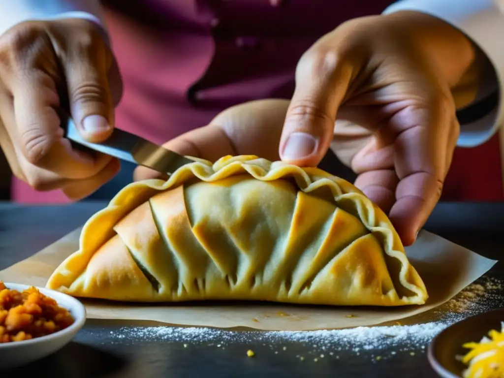 Un cocinero experto preparando una empanada sudamericana con destreza