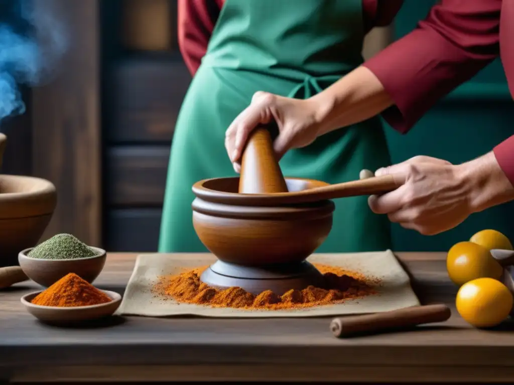 Un cocinero experto muele especias sahelianas en un mortero de madera rústico, resaltando recetas históricas de sopas sahelianas