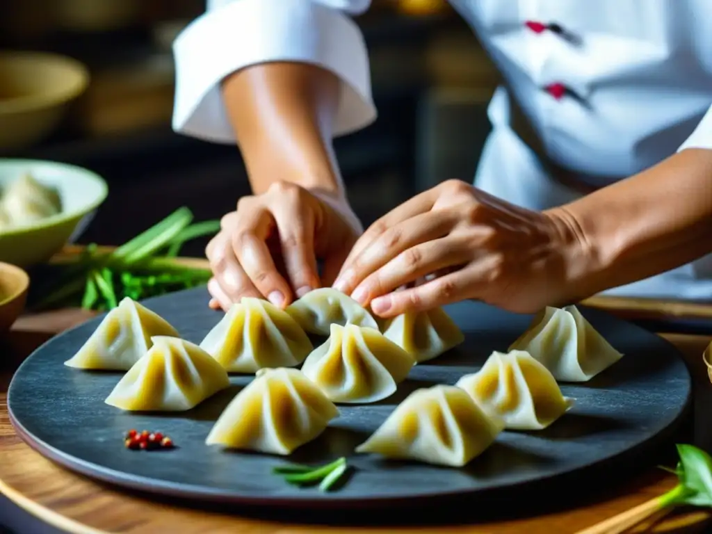 Un cocinero experto moldea dumplings fusionando ingredientes asiáticos y europeos