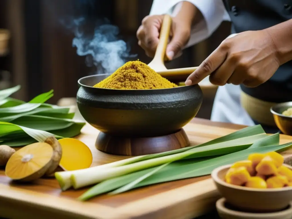 Un cocinero experto preparando pasta de curry en cocina asiática