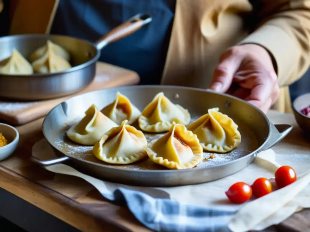 Un cocinero experto moldea pierogis en una cocina de Europa del Este durante la Guerra Fría, mostrando creatividad y resiliencia