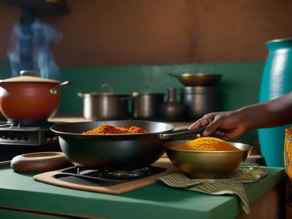 Un cocinero experto preparando un plato africano con historia, en una cocina tradicional llena de color y detalle