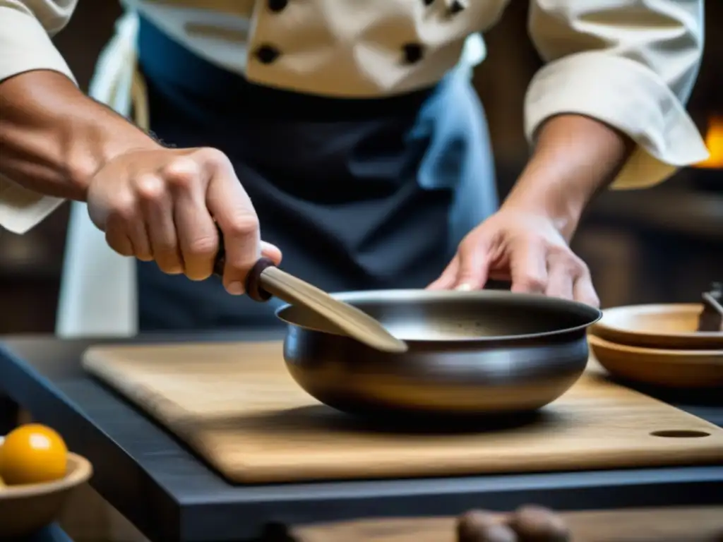 Un cocinero experto usa utensilios históricos réplicas para mejorar experiencia culinaria, fusionando tradición y modernidad