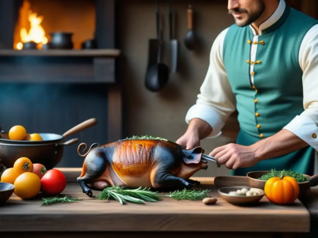 Un cocinero prepara un festín en una cocina medieval, sazonando un cerdo asado