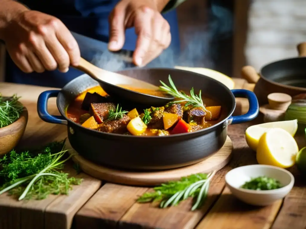 Chef portugués sazona con maestría un guiso tradicional Cocinero preparando un guiso portugués en una cocina rústica, mostrando años de experiencia culinaria