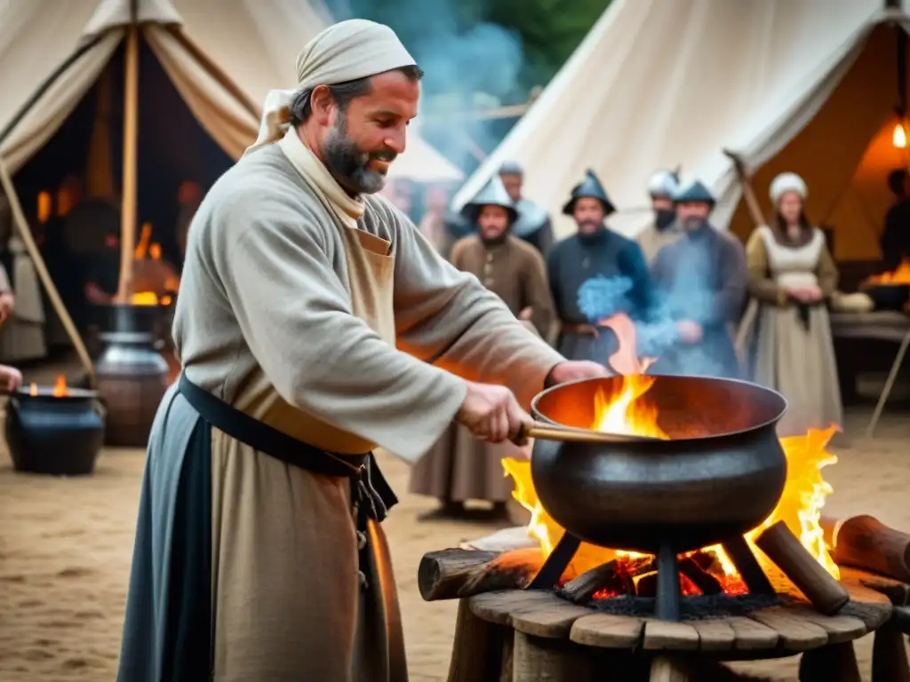 Un cocinero habilidoso remueve una olla sobre fuego en un campamento de cruzados