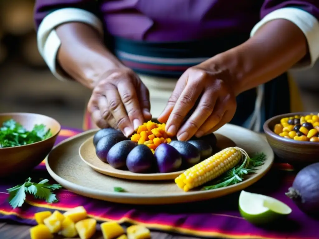 Un cocinero inca prepara con maestría un plato colorido y elaborado, mostrando la influencia culinaria Inca en los Andes