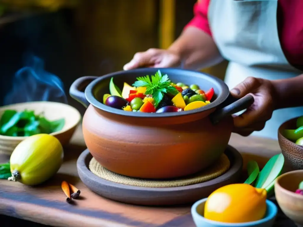 Un cocinero indígena experto preparando un plato amazónico en una cocina rústica