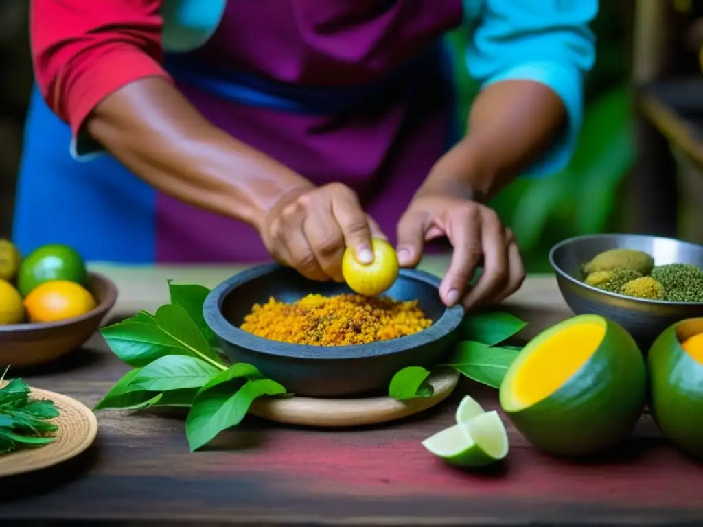 Un cocinero indígena experto prepara recetas tradicionales de la Amazonía con frutas coloridas y especias exóticas en una cocina rústica