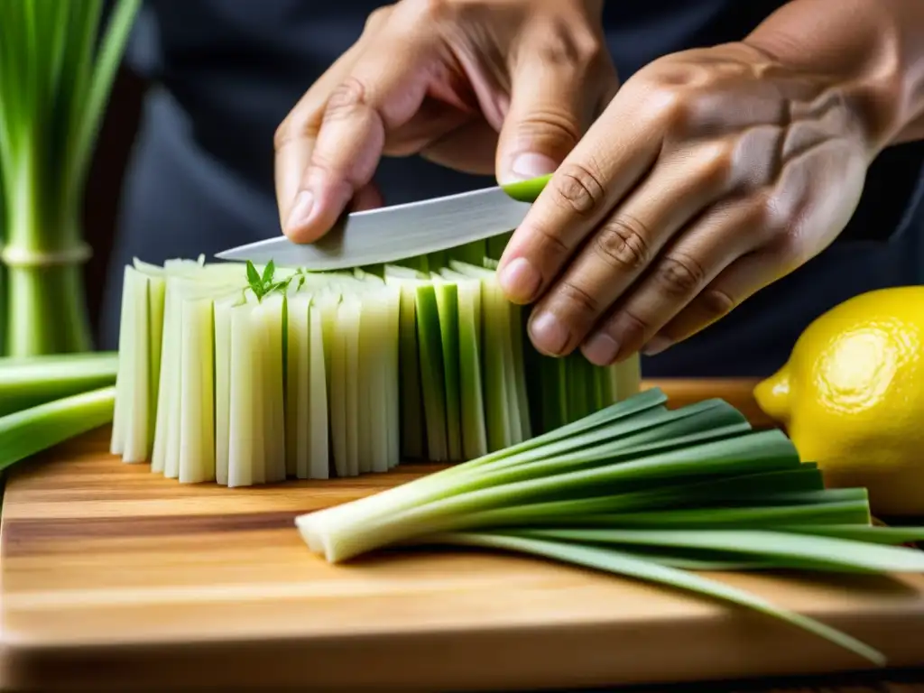 Un cocinero cortando expertamente limoncillo en una tabla de madera