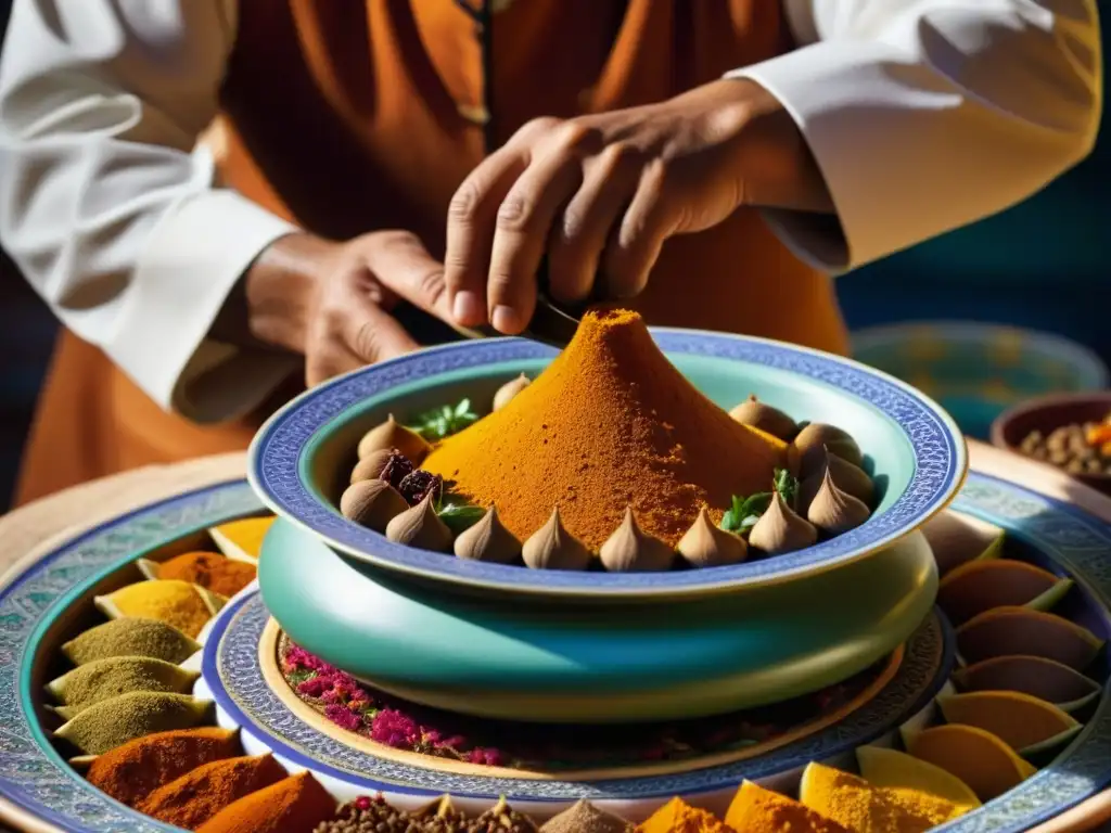 Un cocinero marroquí experto arregla especias vibrantes en un tagine, reflejando la tradición culinaria de las festividades Magreb