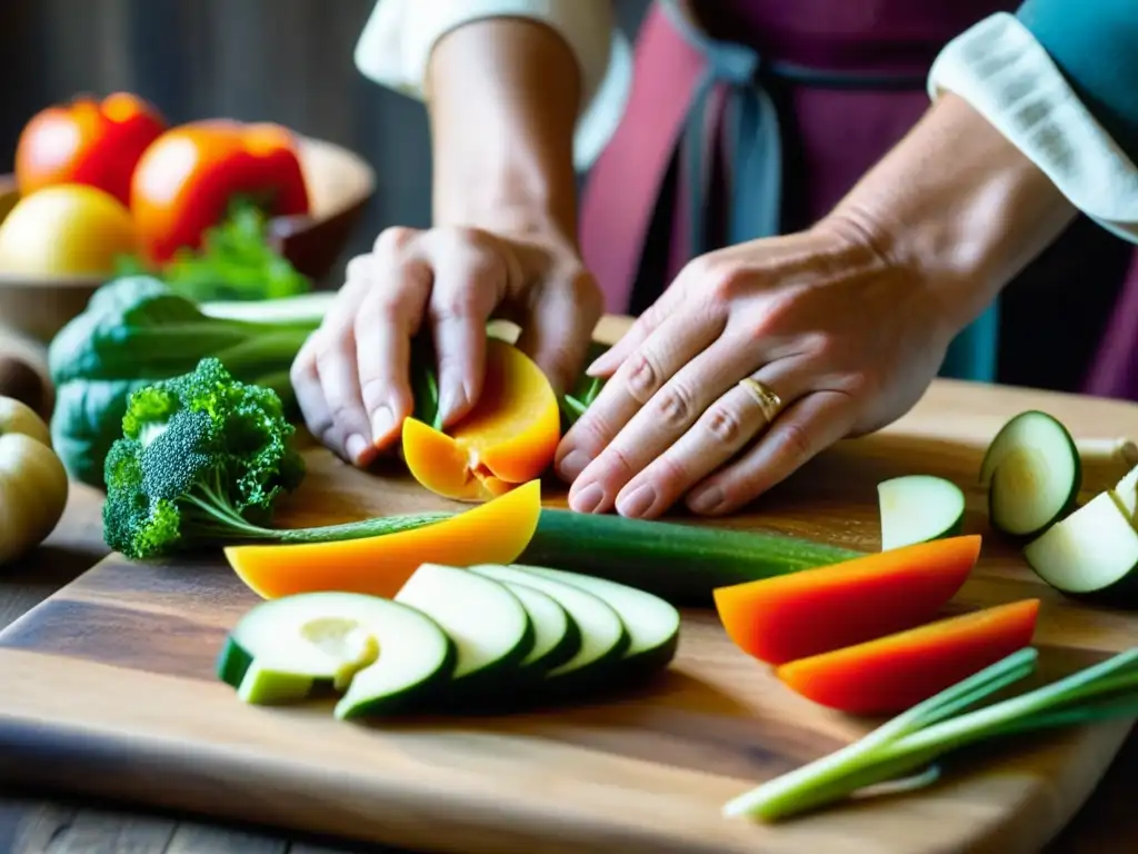 Un cocinero medieval corta vegetales en tabla de madera resaltando prácticas de cocina sostenible Edad Media