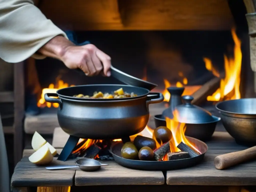 Un cocinero medieval preparando un guiso en una cocina de campaña en cruzadas