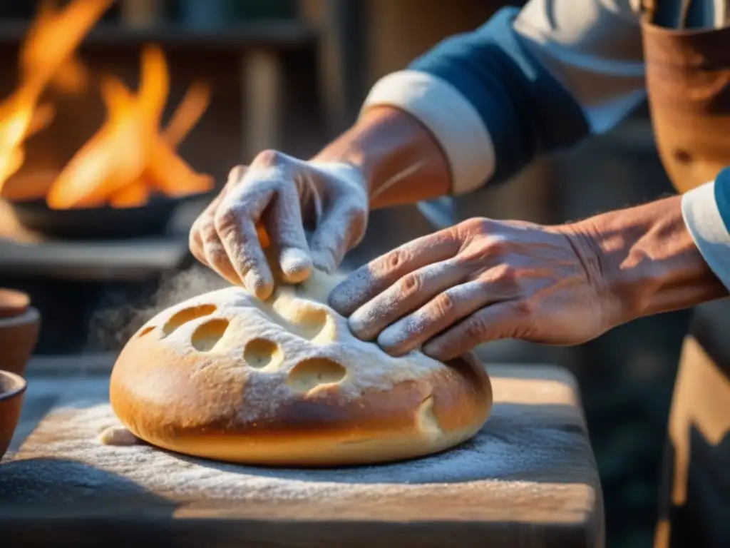 Un cocinero nómada moldea con destreza la masa para pan, rodeado de una cocina rústica al aire libre