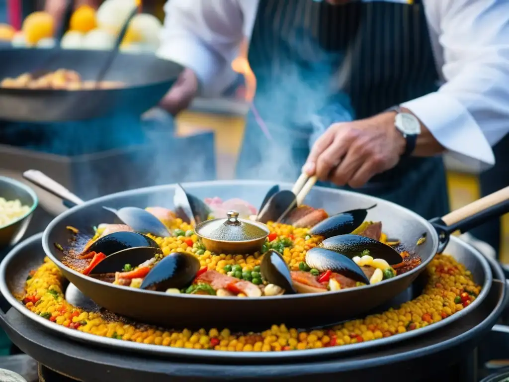 Un cocinero elabora paella española en Mercado de Portobello en Londres, reflejando historia y cultura culinaria