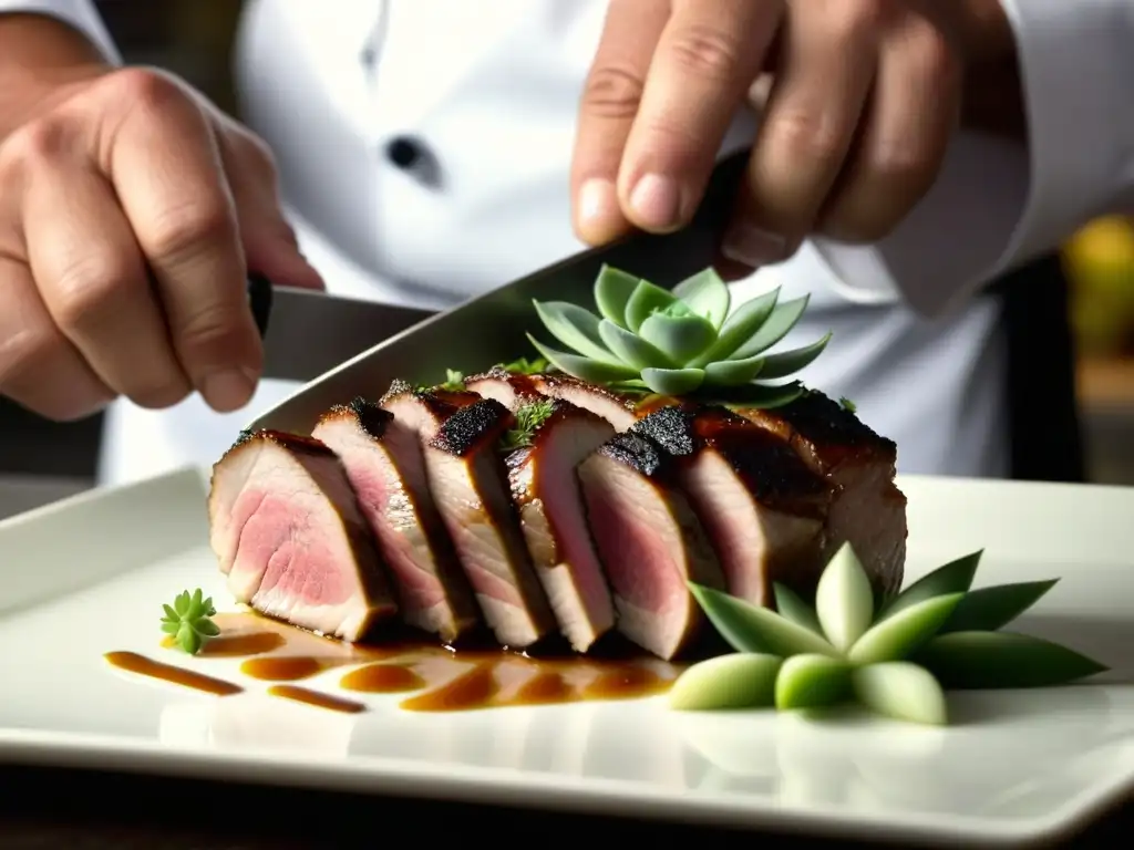 Cocinero preparando con pasión un suculento plato de cerdo