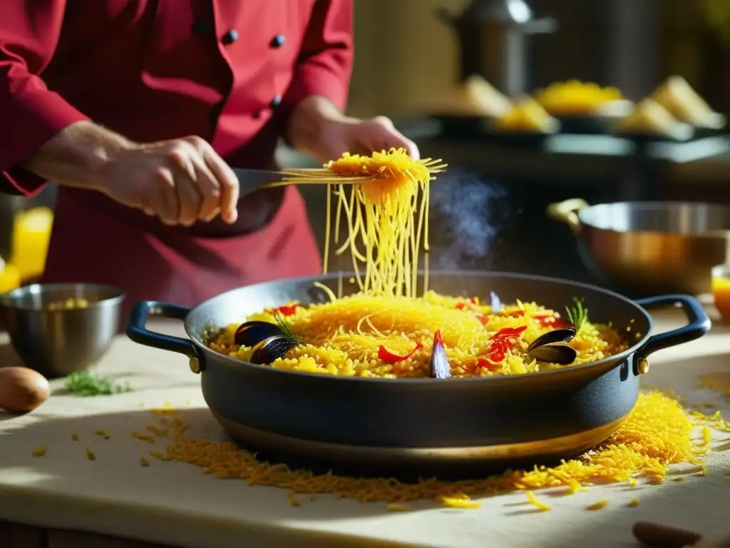 Chef real preparando paella con azafrán en cocina lujosa Cocinero real esparciendo azafrán en paella, reflejando la influencia de la monarquía española en la cocina