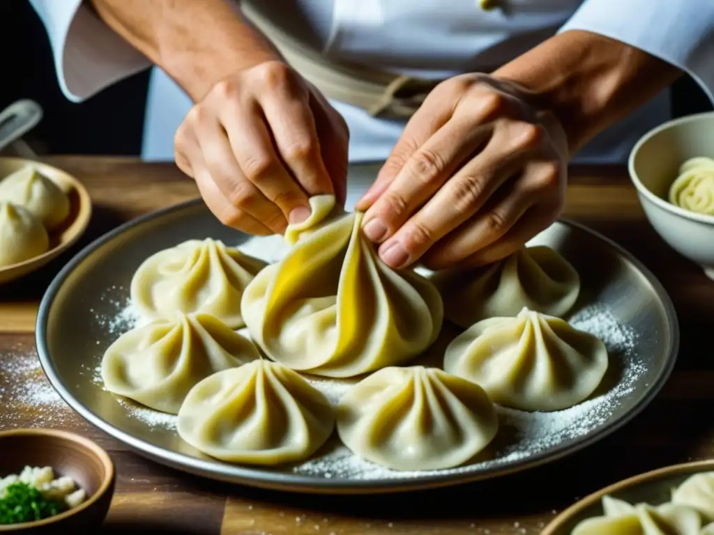 El hábil cocinero siberiano prepara con destreza un dumpling Pelmeni, mostrando la artesanía y precisión