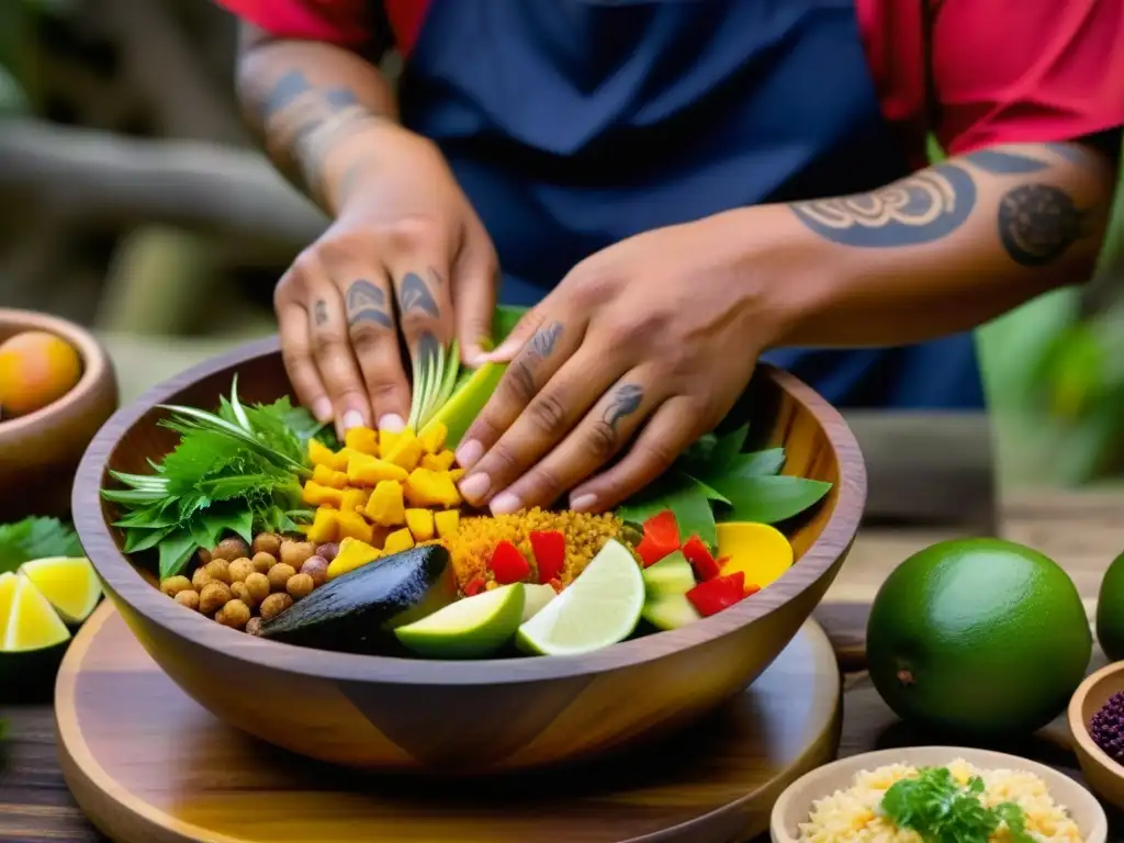 Un cocinero tradicional del Pacífico mezcla ingredientes en un tazón de madera, mostrando la conexión entre historia y sabores exóticos