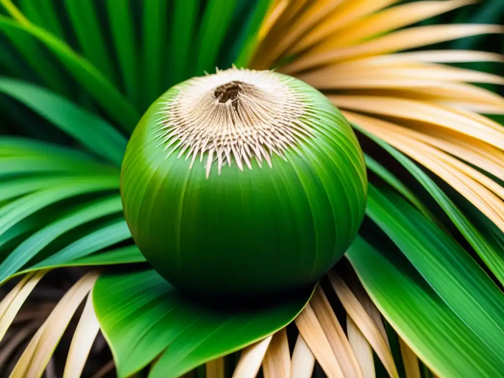 Un coco detallado sobre hojas de palma, resaltando textura y color