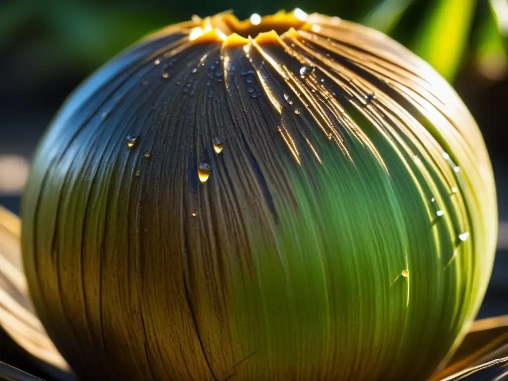 Un coco recién cosechado en Micronesia, con su cáscara fibrosa y gotas de agua brillando bajo el sol tropical