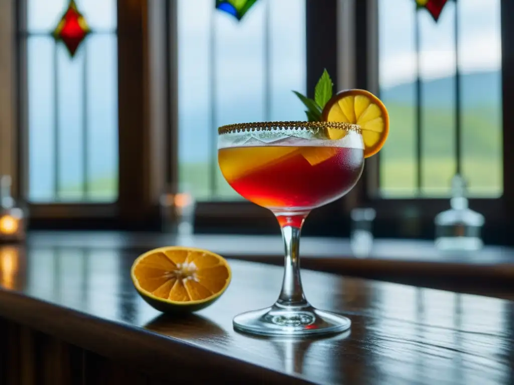 Majestuoso cóctel renacentista: detalle excepcional Un cóctel del Renacimiento: detallado y exquisito, con adornos intrincados y cristalería ornamental, en un bar de madera rústica