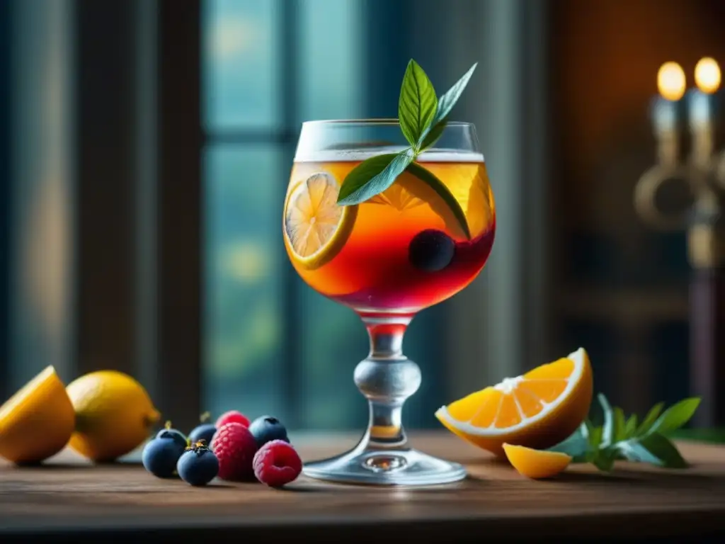 Copa renacentista: cóctel vibrante en detalle Cócteles antiguos del Renacimiento: Detalle de un vaso tallado con un colorido cóctel y frutas frescas en un entorno renacentista iluminado