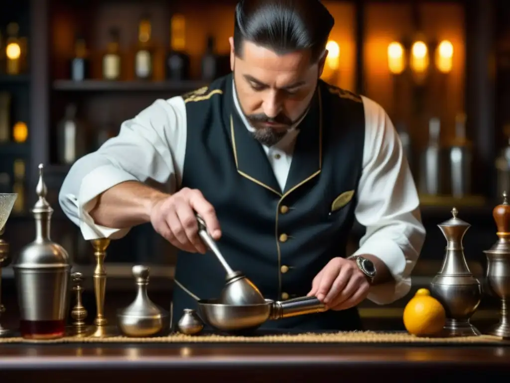 Maestro Renacentista preparando cóctel con herramientas antiguas Bartender renacentista elaborando cócteles con técnicas olvidadas del Renacimiento