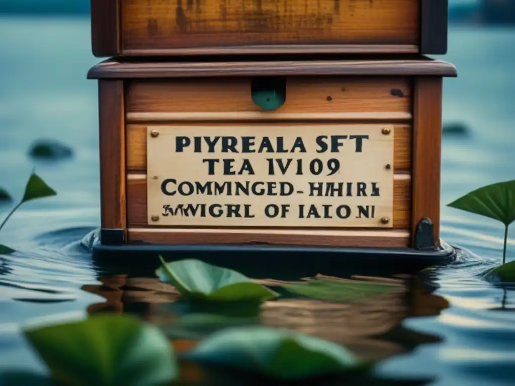 Un cofre de té antiguos en el puerto de Boston, con hojas de té flotando en el agua, evocando la historia de la Boston Tea Party y su impacto cultural