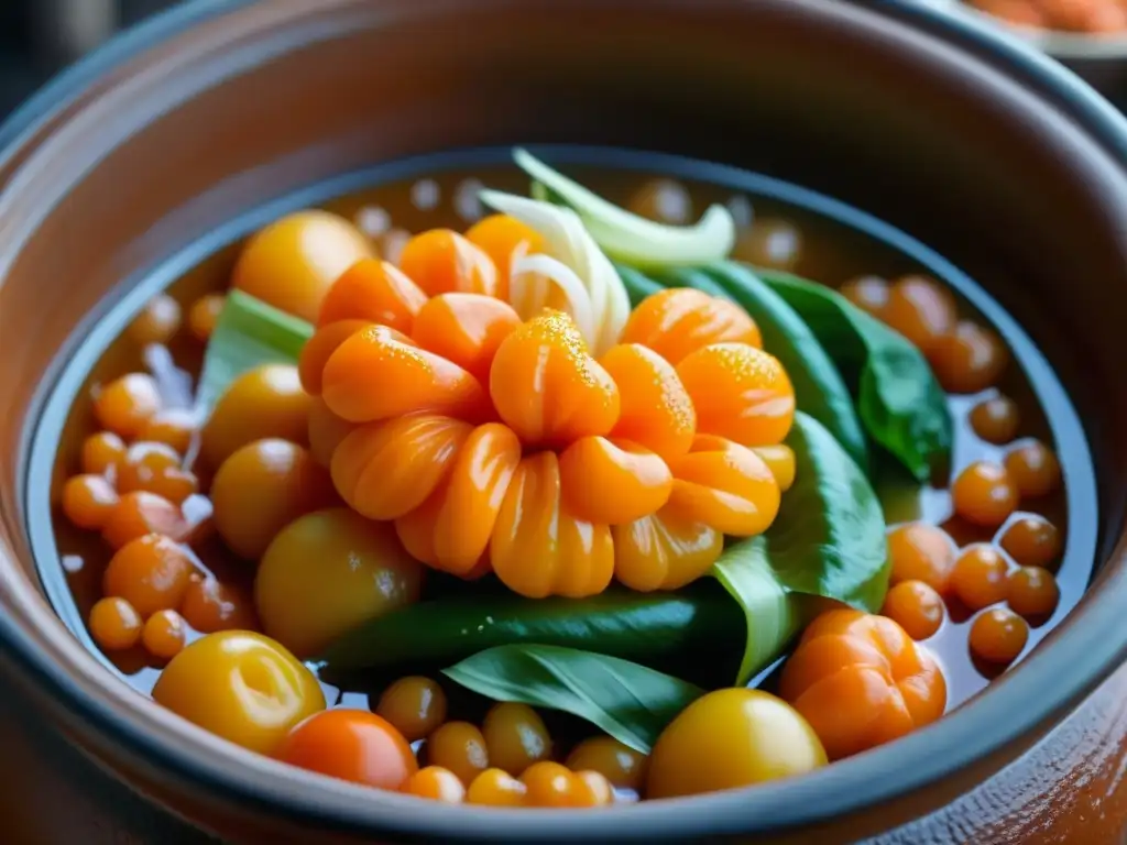 Colorida fermentación en la antigüedad: kimchi burbujeante en olla de barro, revelando la esencia de un proceso natural