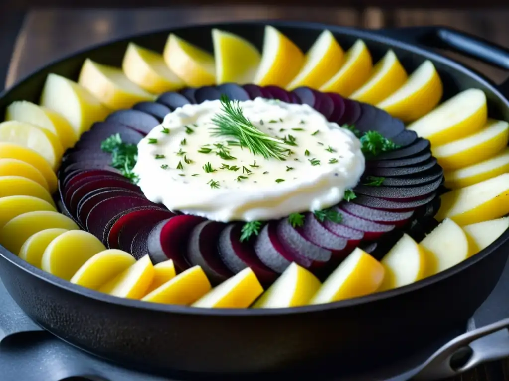 Una colorida cocina rusa con influencia Napoleón: capas de papas, cebolla y remolacha en una sartén de hierro, decoradas con eneldo y crema agria