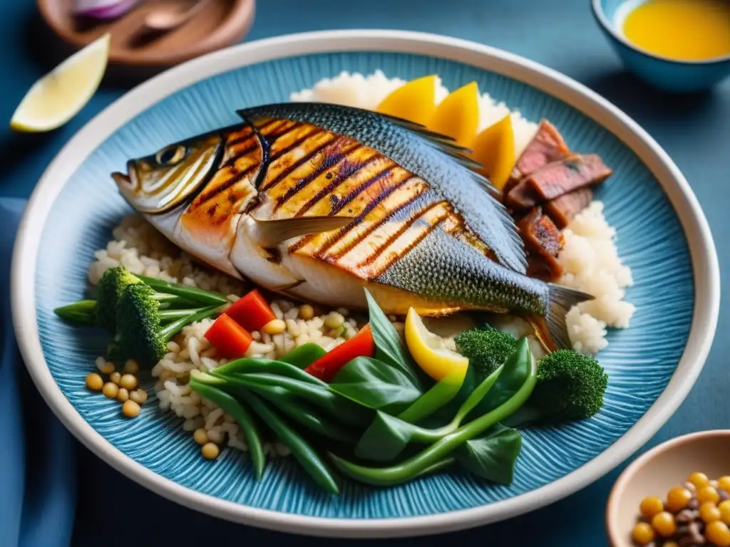 Una colorida comida saheliana en detalle, resaltando la importancia de carne, pescado y dieta saheliana