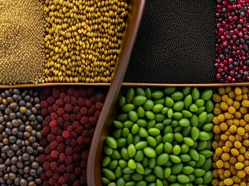 Semillas de quinua: colores y texturas ancestrales Una colorida y detallada colección de semillas de quinua andina, mostrando su historia y diversidad en la cocina andina
