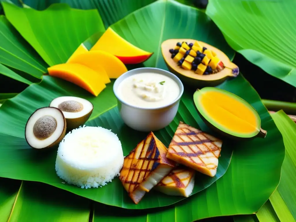 Una colorida dieta micronesia en eventos sociales, con pescado a la parrilla, taro y frutas tropicales frescas