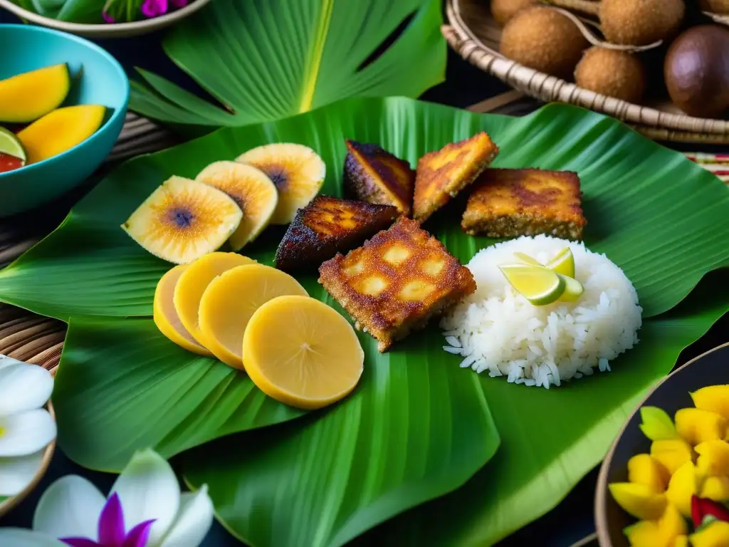 Deléitate con la colorida dieta micronesia en un festín tradicional sobre hoja de plátano en eventos sociales