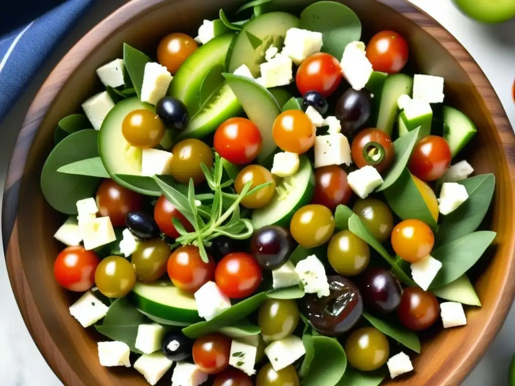 Una colorida ensalada mediterránea en detalle, clave de la dieta mediterránea para un futuro sostenible